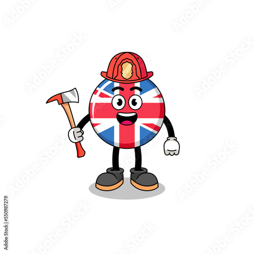 Cartoon mascot of united kingdom flag firefighter