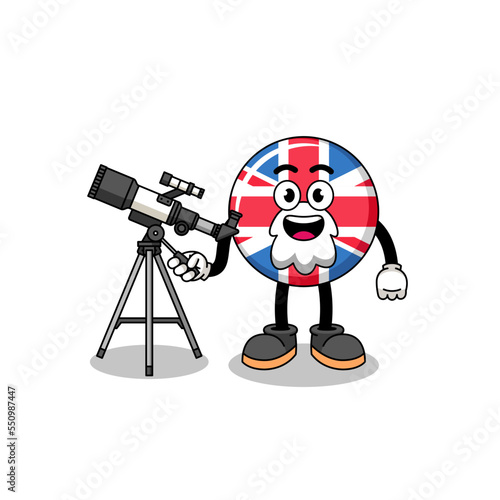 Illustration of united kingdom flag mascot as an astronomer