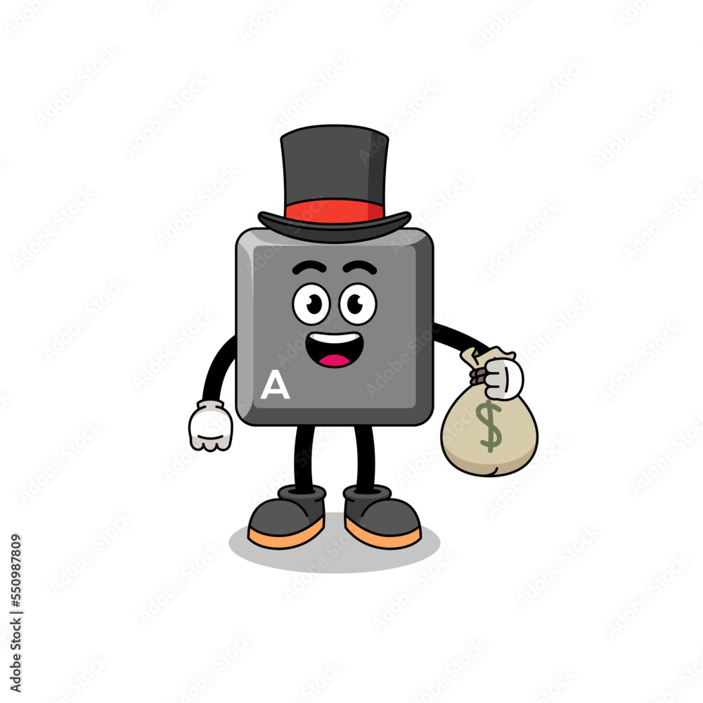 keyboard A key mascot illustration rich man holding a money sack keyboard A key mascot illustration rich man holding a money sack