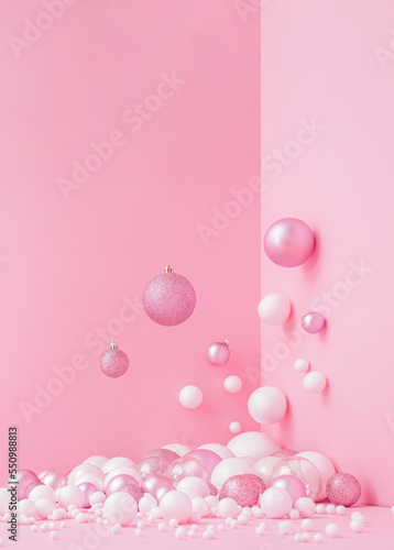 Creative Abstract Festive composition with Christmas design pink pastel color background and pink and white balls Minimal concept of New Year's and Christmas Holidays. Flat lay.