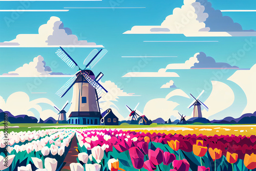 colorful tulip field with windmill photo