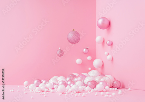 Creative Abstract Festive composition with Christmas design pink pastel color background and pink and white balls Minimal concept of New Year's and Christmas Holidays. Flat lay.
