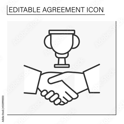  Deal line icon. Competition for golden cup. Handshake. Agreement concept. Isolated vector illustration. Editable stroke