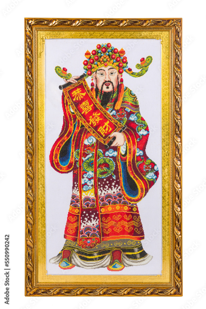 Obraz premium handmade Cross-stitch embroidery Chinese God of Wealth in Chinese folk religion isolated on white background
