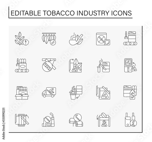  Tobacco industry line icons set. Growth, preparation for sale, shipment, advertisement, and distribution of tobacco-related products. Business concepts. Isolated vector illustrations. Editable stroke