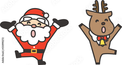 バンザイする陽気なサンタさんとトナカイのかわいいイラスト素材