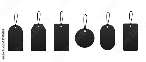 Blank black paper price tags or gift tags of various shapes. Discount tags icon shapes of various shapes with rope for store.