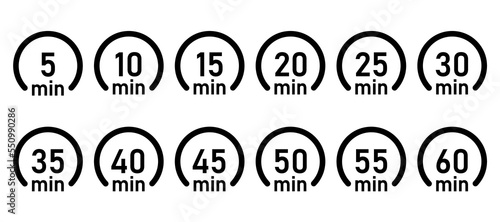 10, 15, 20, 25, 30, 35, 40, 45, 50 min,Timer, clock, stopwatch isolated set icons. Great design for any purposes. Vector logo	