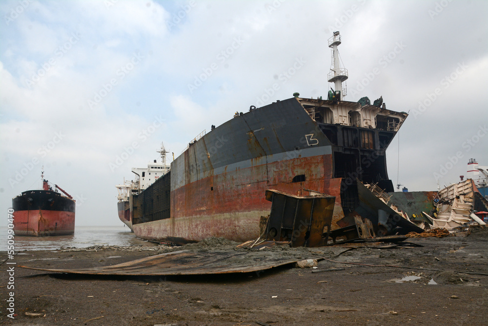 Old ships dismantled at ship-breaking yards in Chittagong, Bangladesh