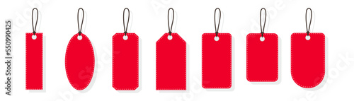 Blank red paper price tags or gift tags of various shapes. Discount tags shape icon of various shapes with rope for shop.