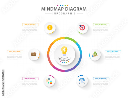 Infographic template for business. 6 Steps Modern Mindmap diagram with circles and topic titles, presentation vector infographic.