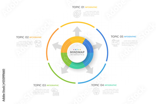 Infographic template for business. 5 Steps Modern Mindmap diagram with circles and arrows, presentation vector infographic.