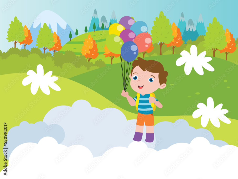 Little boy cartoon character holding colorful balloons at the park