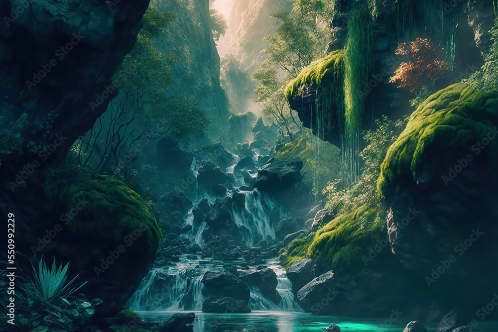 AI generated image of beautiful cascading waterfalls in a forest