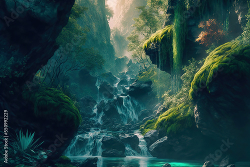 AI generated image of beautiful cascading waterfalls in a forest