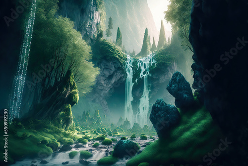 AI generated image of beautiful cascading waterfalls in a forest