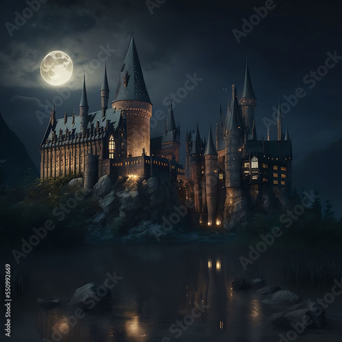 Fototapeta Hogwarts night bright moonlit and clear sky