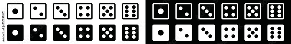 Dices icon set. Dices to gamble or gambling in casino game with two-tones black and white for apps and websites, vector illustration Dices icon set. Dices to gamble or gambling in casino game with two-tones black and white for apps and websites, vector illustration