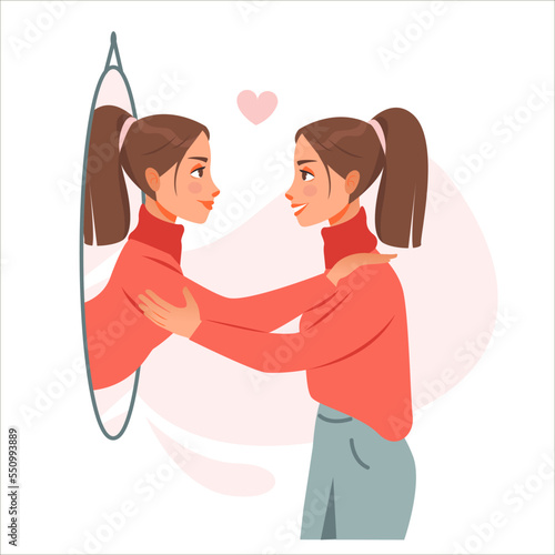 Self love concept. The girl hugs her reflection in the mirror. Mental health. Cartoon vector illustration