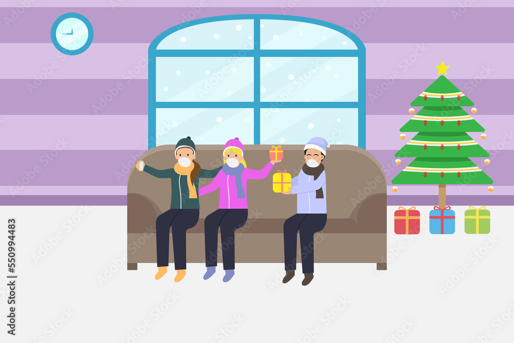 Friends cartoon character holding christmas gift on the sofa in living room at home Friends cartoon character holding christmas gift on the sofa in living room at home