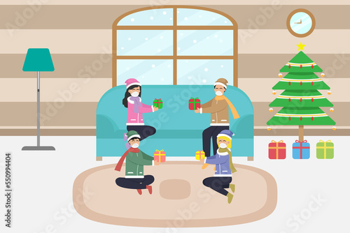 parent and children holding christmas gifts in the living room
