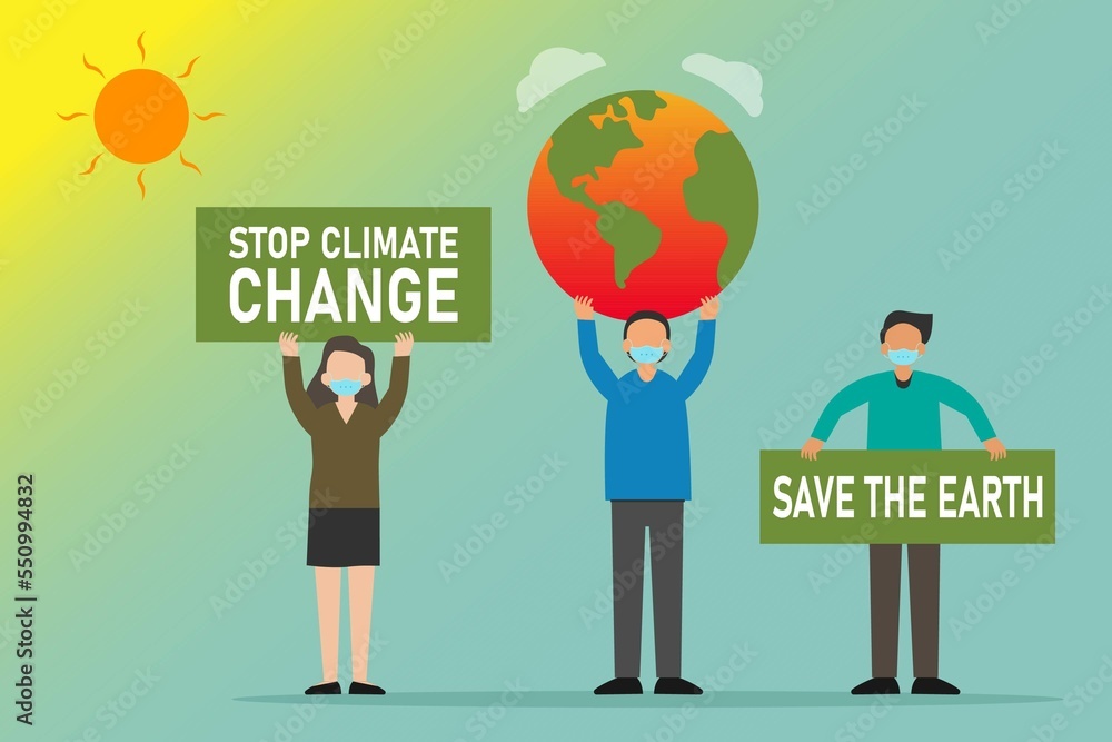 People holding banner of save the world together People holding banner of save the world together