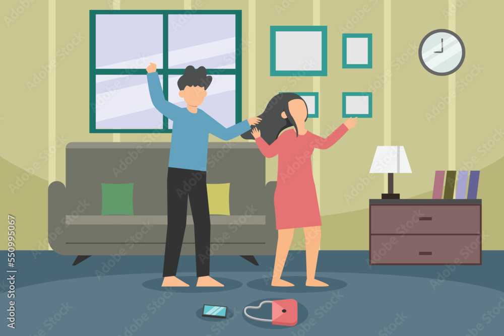 Young husband hitting his wife at home. Cartoon illustration
