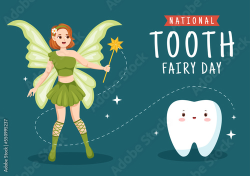 National Tooth Fairy Day with Little Girl to Help Kids for Dental Treatment Fit as a Poster in Flat Cartoon Hand Drawn Template Illustration