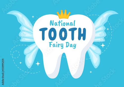 National Tooth Fairy Day with Little Girl to Help Kids for Dental Treatment Fit as a Poster in Flat Cartoon Hand Drawn Template Illustration