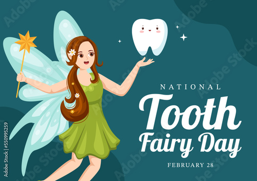 National Tooth Fairy Day with Little Girl to Help Kids for Dental Treatment Fit as a Poster in Flat Cartoon Hand Drawn Template Illustration