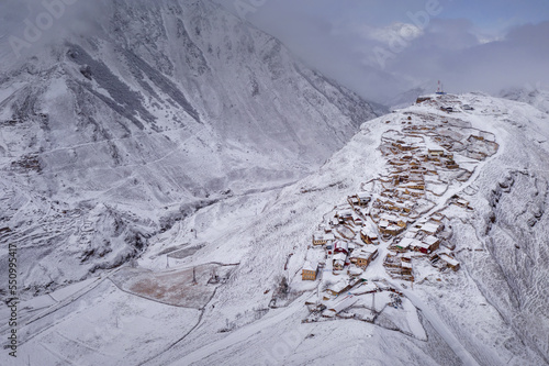  Kamunta village after winter snowfall. Mountain Digoria, North Ossetia, Russia. photo