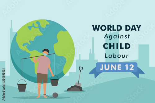 Boy carrying buckets of sand with globe background. World Day against child labour