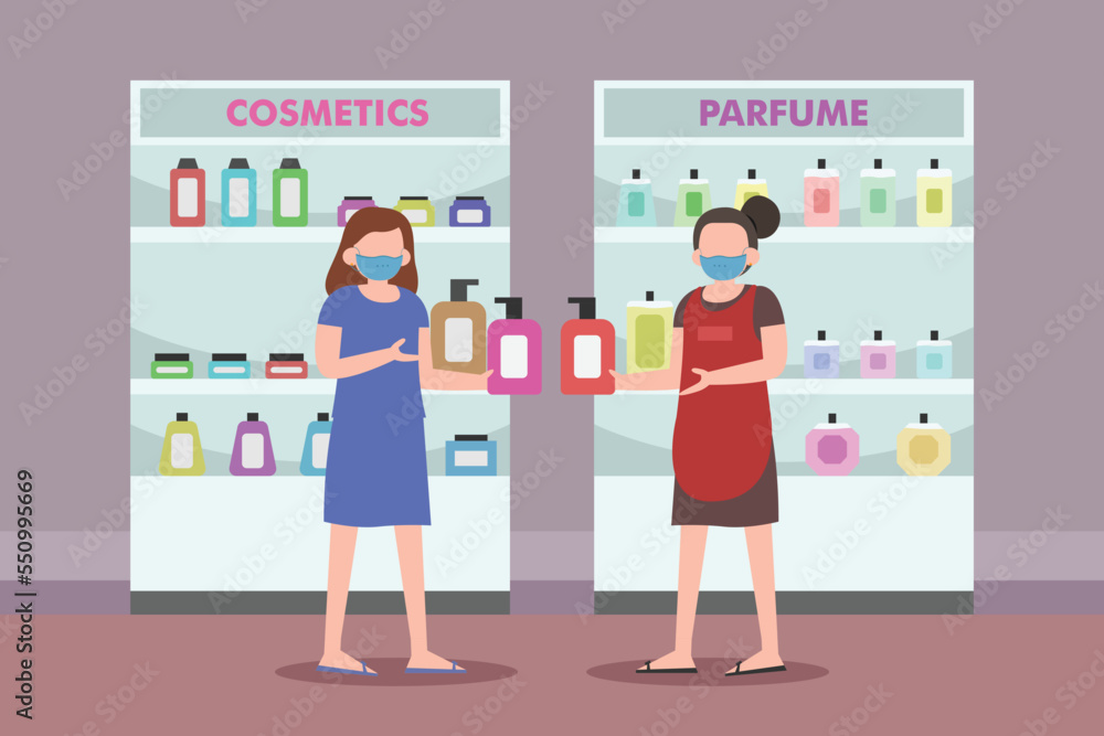 Woman asking for cosmetics on saleswoman in the store