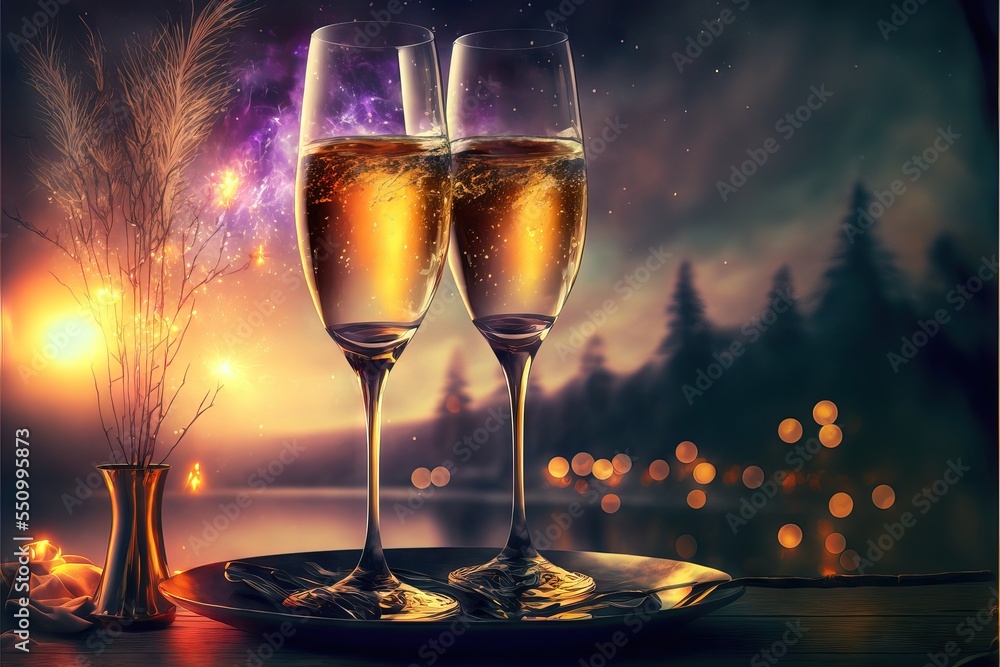 Happy New Year Celebration with Two Glasses With Chamapgne, In a Party, With Fireworks