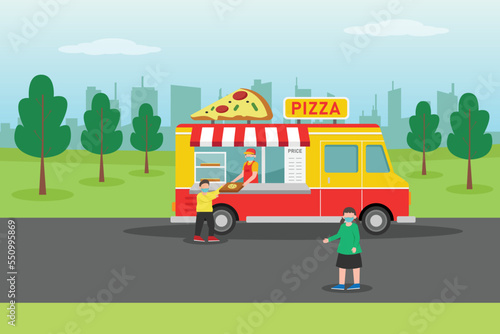 Salesman selling pizza on his food truck at park