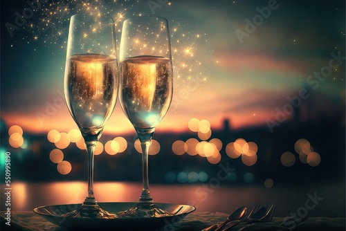 Happy New Year Celebration with Two Glasses With Chamapgne, In a Party, With Fireworks