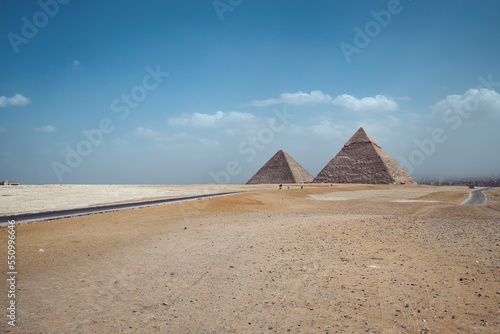 View of the great pyramids of Giza  Egypt in the middle of the desert