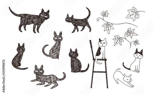 かわいい猫とアイビーの手描きのカットイラスト