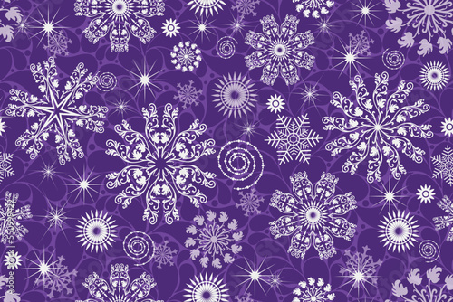Vector seamless Christmas violet pattern with lacy white snowflakes and paisley