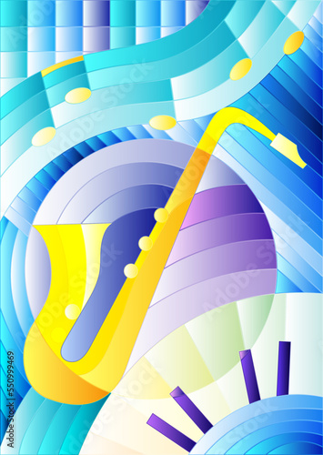 Illustration in stained glass style on the theme of music, abstract guitar and notes on a blue background