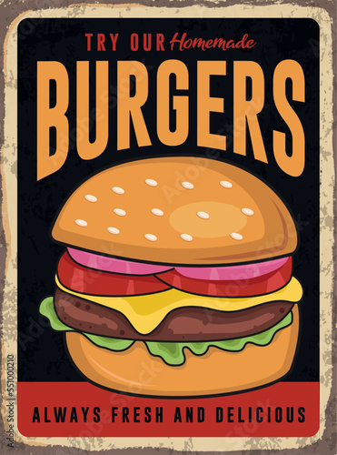 Burger rusty metal plate Fastfood advertisement retro poster vector template