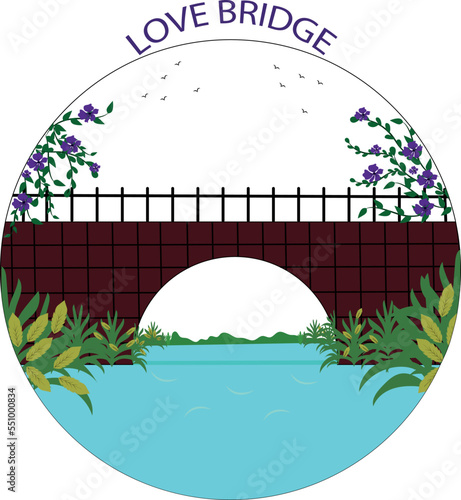Flat vector  of bridge, Wooden, metal and brick footbridges, rural crossover bridge construction,village bridge,
truss and tied arch river bridge,attractive bridge with flower