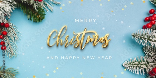 Merry Chrismast and Happy New Year. on a blue background with text photo