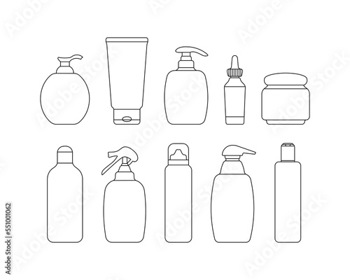 Set of simple outline cosmetic bottles in minimalistic style, include containers for Cream, Lotion, Shampoo, Spray and Soap, Foam for design. Isolated on white background