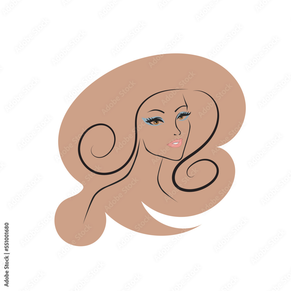 Stylized Beautiful woman's face with long hair silhouette. Women's hair beauty spa salon logo or symbol.