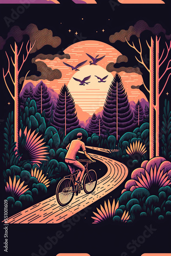 Postcard of a roadtrip by bike across the forest at night in purple and pink tones