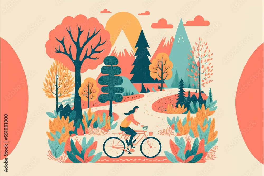 Postcard of a colorful summer retro landscape of a park with a person riding a bike across some tall trees