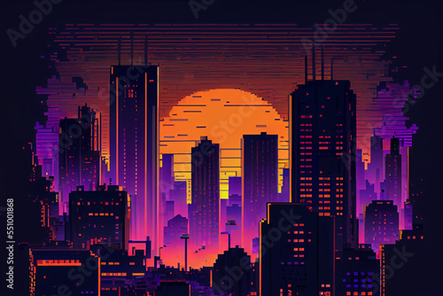 Pixel art of a cyberpunk city at night, 8 bit art