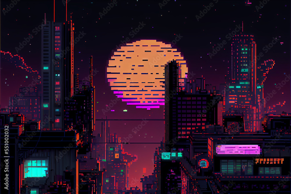 Pixel art of a cyberpunk city at night, 8 bit art Stock Illustration ...