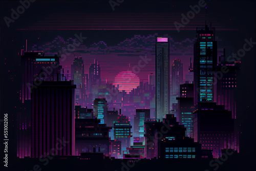 Pixel art of a cyberpunk city at night, 8 bit art